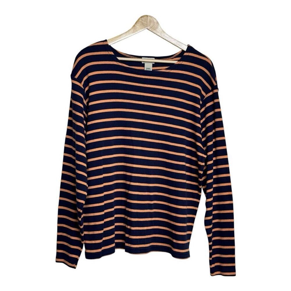 L.L Bean Women Top XL navy Blue Orange Stripe Preppy Nautical Ribbed Cotton Shir